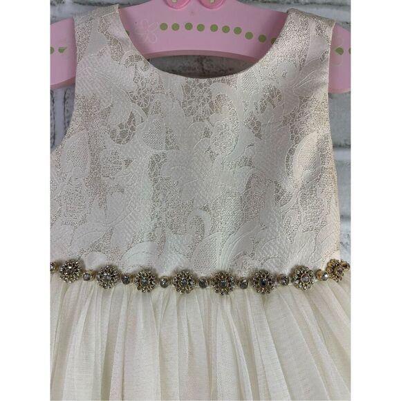 Couture Princess Girls Size 5 Gold Brocade and Ivory Tulle Party Occasion Dress - Picture 3 of 6